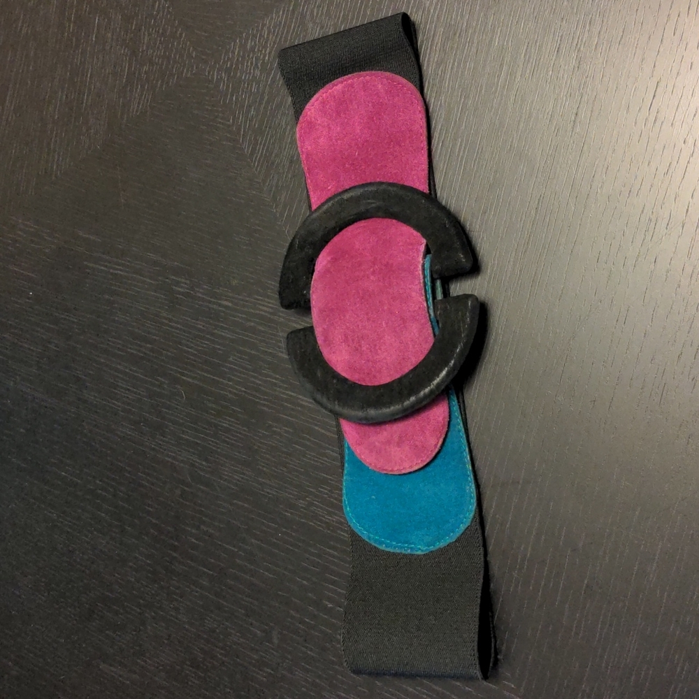 90's Express suede buckle leather stretchy elastic belt sz S black purple green